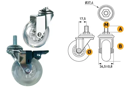 Ruota in nylon e acciaio con perno Ø50/75 M8x15mm – portata 40/64 kg