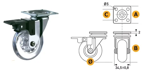 Ruota in plastica con piastra in acciaio e freno Ø50 – portata 40 kg
