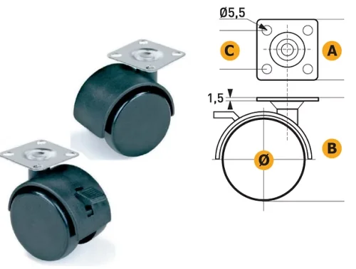 Ruota in nylon con piastra 38x38 mm